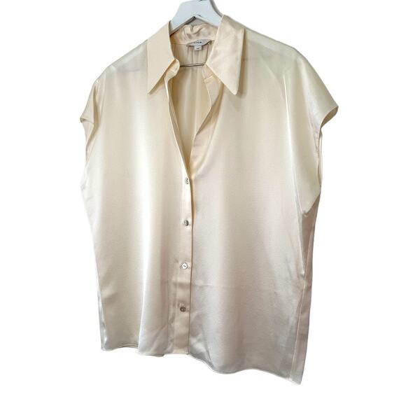 Vince Silk Cap Sleeve Ruched Back Button Down Blouse Cream Size Large - Picture 5 of 9
